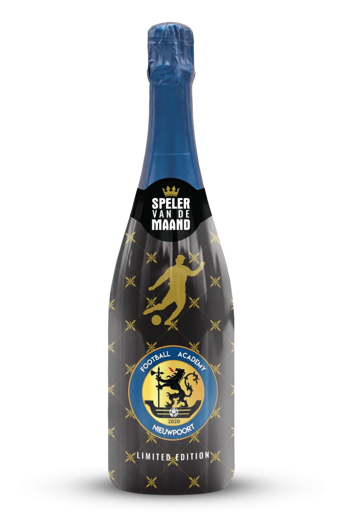 Bedrukte fles prosecco van Football Academy Nieuwpoort