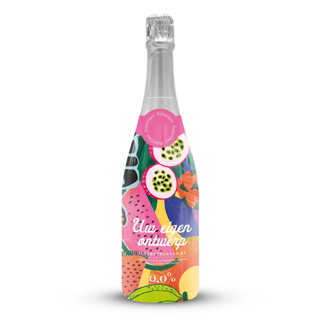 Gepersonaliseerde fles alcoholvrije bubbels in je eigen branding, huisstijl of logo.
